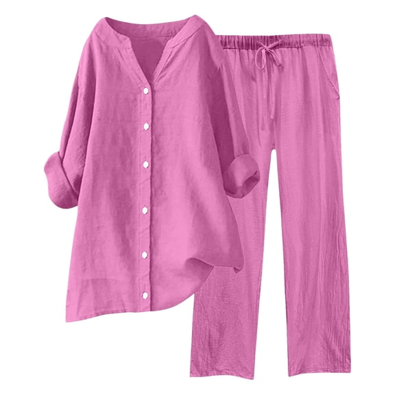 GEWSEY Cotton Linen Sets for Women - 𝙇ounge Pants Sets Summer Oversized Long Sleeve Button Shirt Casual Outfits Comfy Suit (Pink, S)