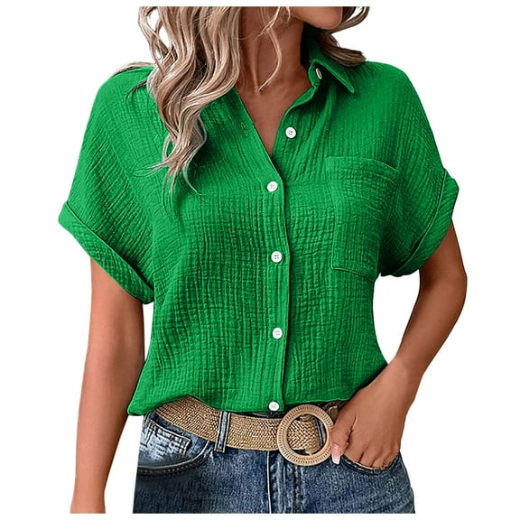 GEWSEY Cotton Short Sleeve Shirts for Women Button Down Shirt Womens Blouses Casual Summer Tops with Pockets (Green, M)