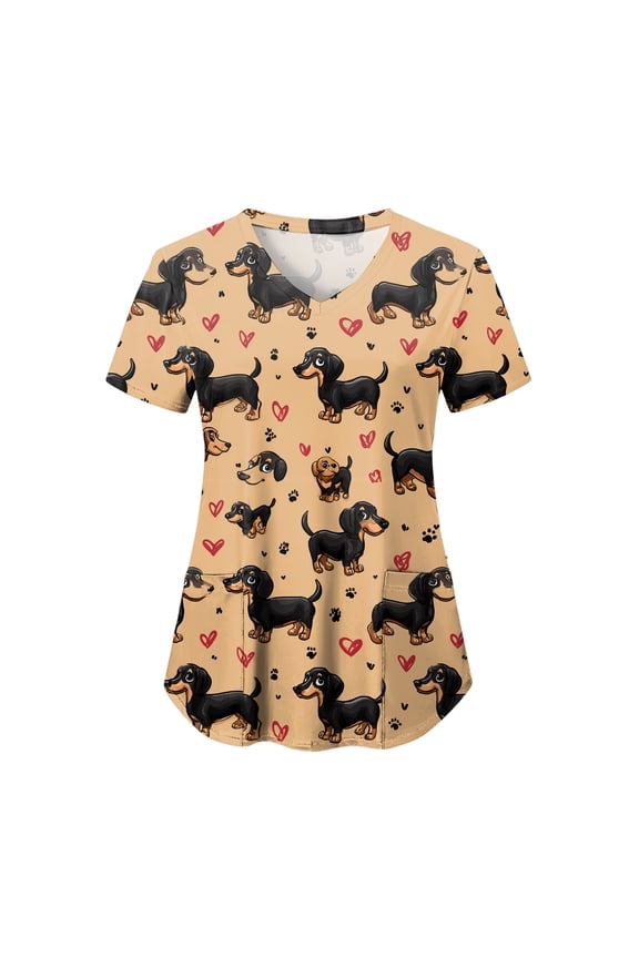 Cute Scrub Tops Stretchy Short Sleeve V Neck Cartoon Print Pattern Nursing Working Uniform Caregiver Top (Orange, M)