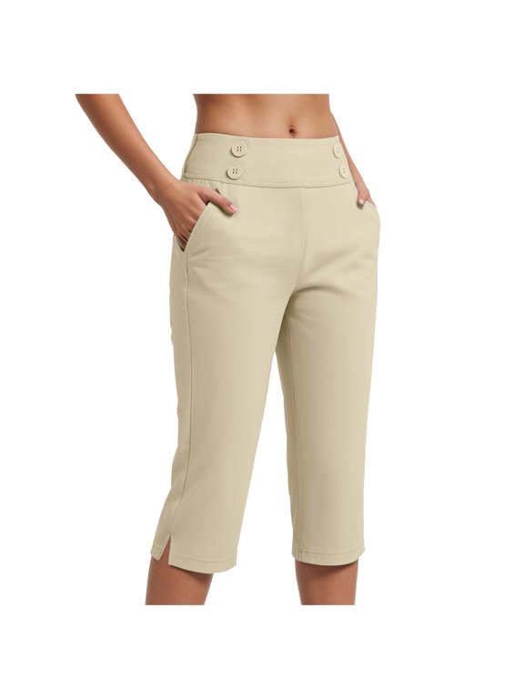 Dressy Capri Pants for Women Stretch High Waisted Crop Work Pants Summer Casual Capris Slacks Yoga Trousers Dress Pant (Beige, XL)