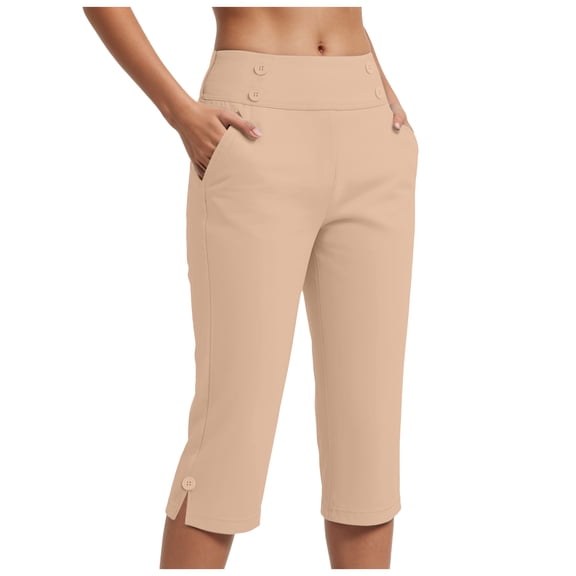 GEWSEY Dressy Capri Pants for Women Stretch High Waisted Crop Work Pants Summer Casual Capris Slacks Yoga Trousers Dress Pant (Khaki, L)
