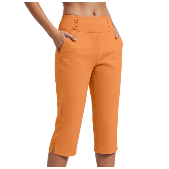 GEWSEY Dressy Capri Pants for Women Stretch High Waisted Crop Work Pants Summer Casual Capris Slacks Yoga Trousers Dress Pant (Orange, L)