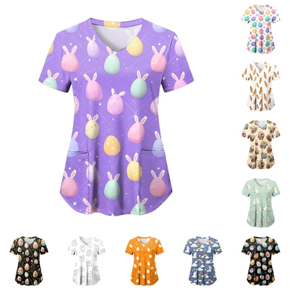 GEWSEY Easter Scrub Tops Women Cute Bunny Colorful Eggs Print Nursing Scrubs Plus Size V Neck Short Sleeve Nurse Uniform (Dark Gray, 3XL)