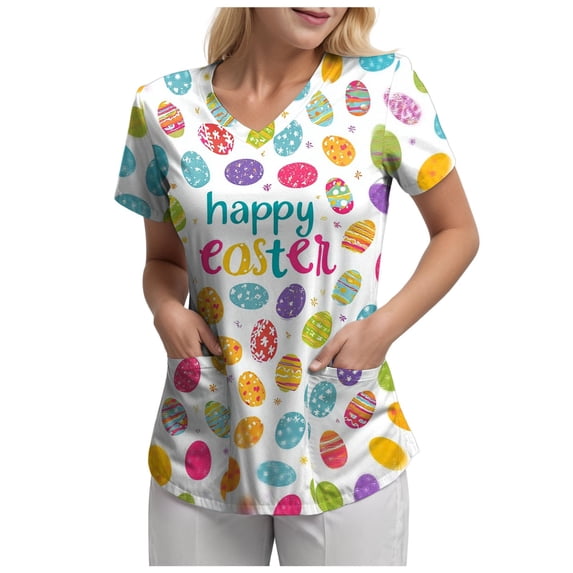 GEWSEY Easter Scrub Tops Women Short Sleeve V-Neck Cute Bunny and Eggs Printed Scrubs Top Medical Nurse Uniforms with Pockets (Sky Blue, 3XL)