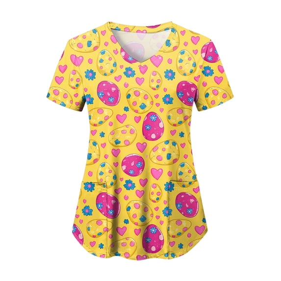 GEWSEY Easter Scrub Tops Women Stretchy Vneck Short Sleeve Cute Bunny and Eggs Printed Nurse Working Uniforms with 2 Pockets (Yellow, L)