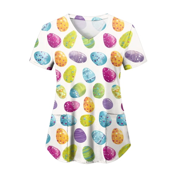 GEWSEY Easter Scrub Tops for Women Cute V Neck Short Sleeve Bunny Rabbits Eggs Printed Nurse Shirt Holiday Working Uniforms (Multicolour, XXL)