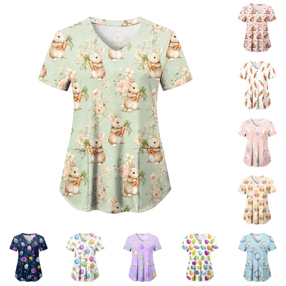 GEWSEY Easter Scrub Tops for Women Cute V Neck Short Sleeve Bunny Rabbits Eggs Printed Nurse Shirt Holiday Working Uniforms (White, XXL)