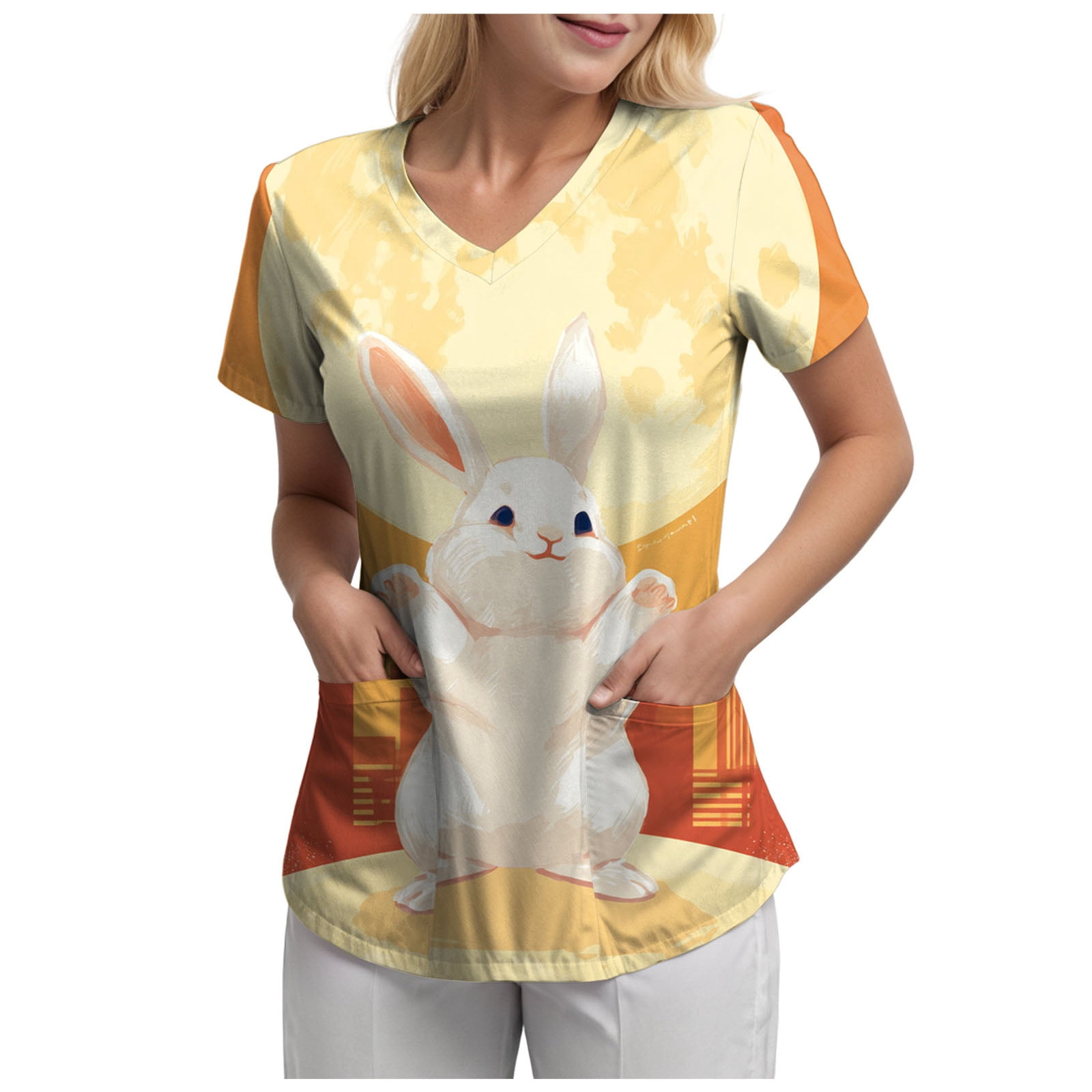GEWSEY Easter Scrubs Tops for Women Bunny Rabbit Graphic Side Slit ...