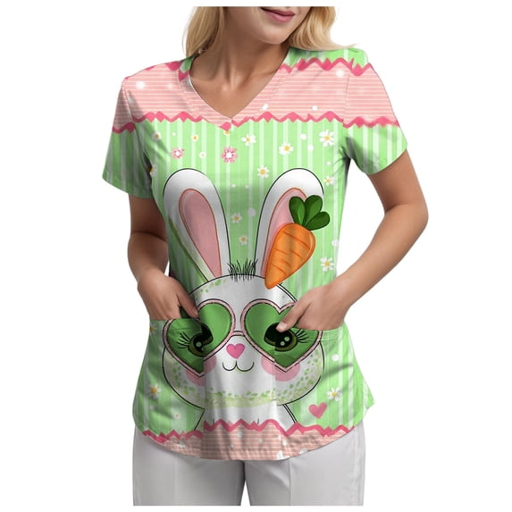 GEWSEY Easter Scrubs Tops for Women Bunny Rabbit Graphic Side Slit Nursing Uniforms V Neck Short Sleeve Nurse with Pockets (Pink, XXL)