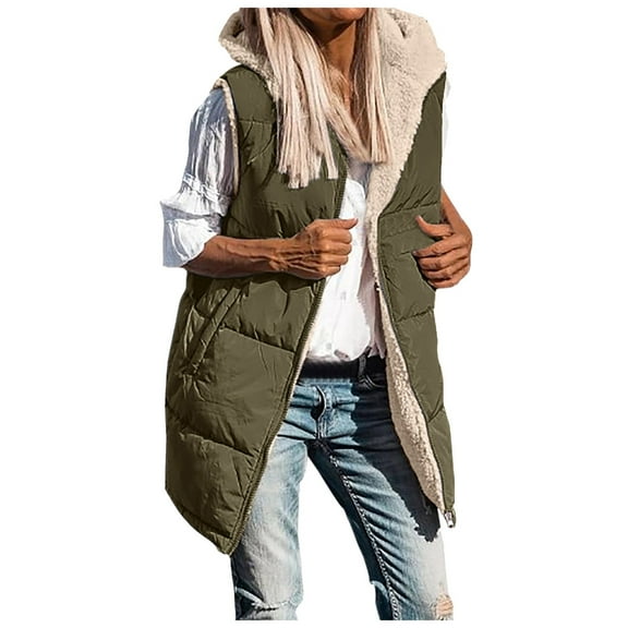 GEWSEY Fall Long Puffer Vest Women Sleeveless Hooded Reversible Fleece Sherpa Jacket Zip Up Winter Coat Outerwear Vests (Green1, XL)