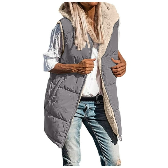 GEWSEY Fall Long Puffer Vest Women Sleeveless Hooded Reversible Fleece Sherpa Jacket Zip Up Winter Coat Outerwear Vests (Grey, XL)