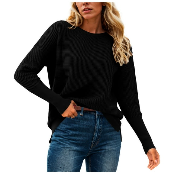 GEWSEY Fall Sweaters for Women 2025 Casual Long Sleeve Sweater Striped Loose Fit Pullover Tops (Black, S)