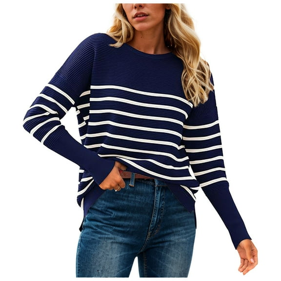 GEWSEY Fall Sweaters for Women 2025 Casual Long Sleeve Sweater Striped Loose Fit Pullover Tops (Blue, XXL)