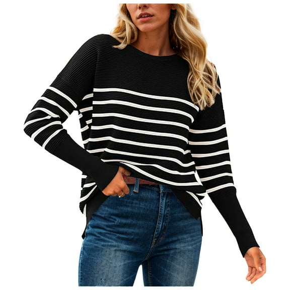 GEWSEY Fall Sweaters for Women 2025 Casual Long Sleeve Sweater Striped Loose Fit Pullover Tops (Light Gray, XXL)