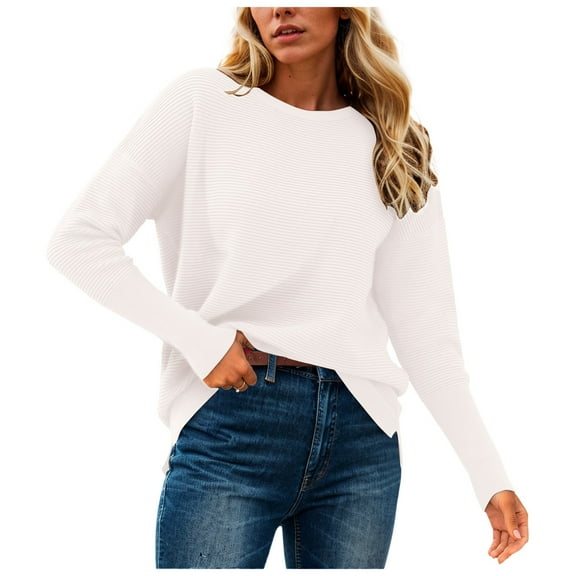 GEWSEY Fall Sweaters for Women 2025 Casual Long Sleeve Sweater Striped Loose Fit Pullover Tops (White, S)