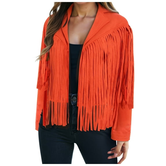 GEWSEY Women's Fringe Leather Jackets - Suede Motocycle Biker Cropped Coat Vegan Blazer Pleather Fashion Tassel (Orange, M)