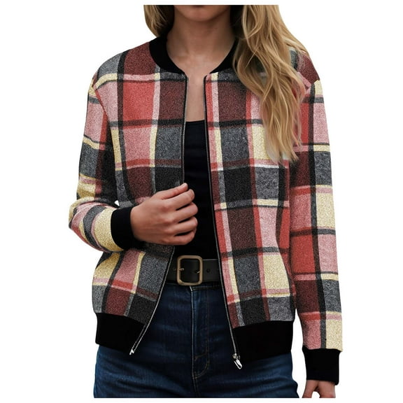 GEWSEY Flannel Jacket Women Stand Collar Long Sleeve Zip up Plaid Shackets Casual Warm Bomber Jackets Coats Fall Outfits (Brick Red, S)