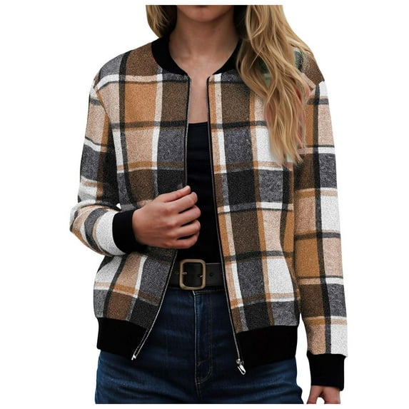 GEWSEY Flannel Jacket Women Stand Collar Long Sleeve Zip up Plaid Shackets Casual Warm Bomber Jackets Coats Fall Outfits (Brown, S)