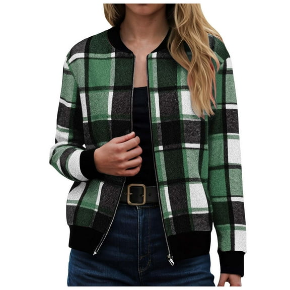 GEWSEY Flannel Jacket Women Stand Collar Long Sleeve Zip up Plaid Shackets Casual Warm Bomber Jackets Coats Fall Outfits (Green, S)