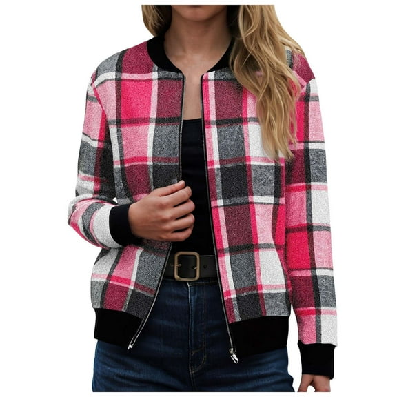GEWSEY Flannel Jacket Women Stand Collar Long Sleeve Zip up Plaid Shackets Casual Warm Bomber Jackets Coats Fall Outfits (Hot Pink, L)