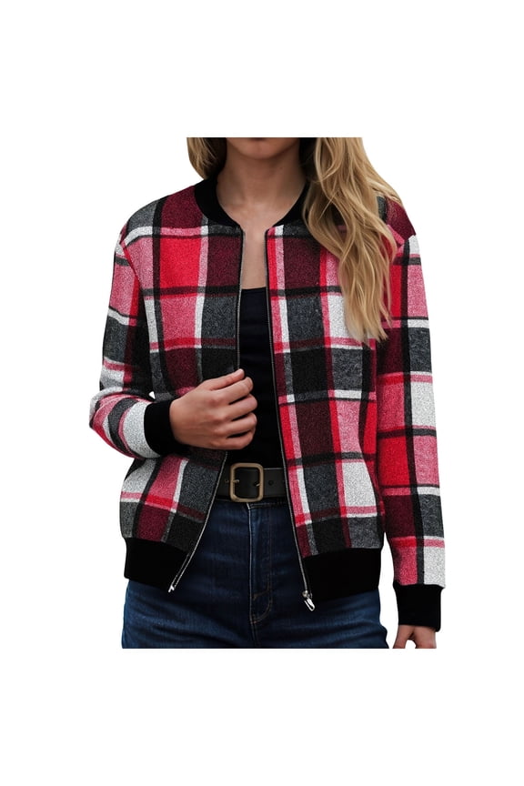 Flannel Jacket Women Stand Collar Long Sleeve Zip up Plaid Shackets Casual Warm Bomber Jackets Coats Fall Outfits (Red, S)
