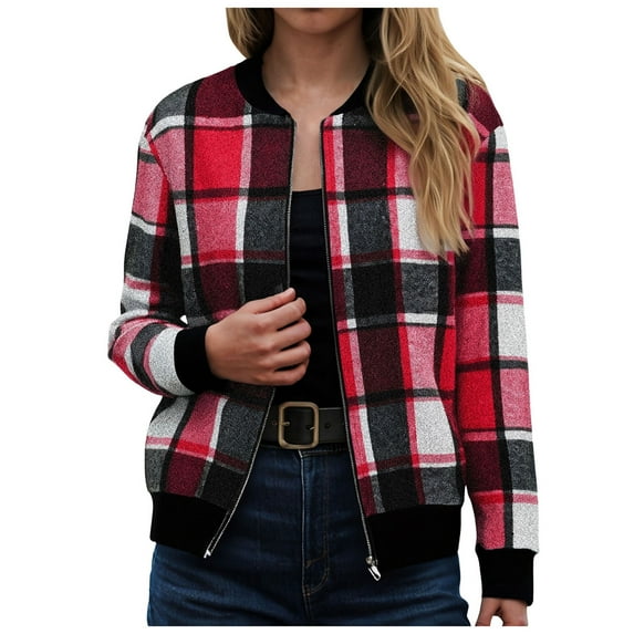 GEWSEY Flannel Jacket Women Stand Collar Long Sleeve Zip up Plaid Shackets Casual Warm Bomber Jackets Coats Fall Outfits (Red, XL)