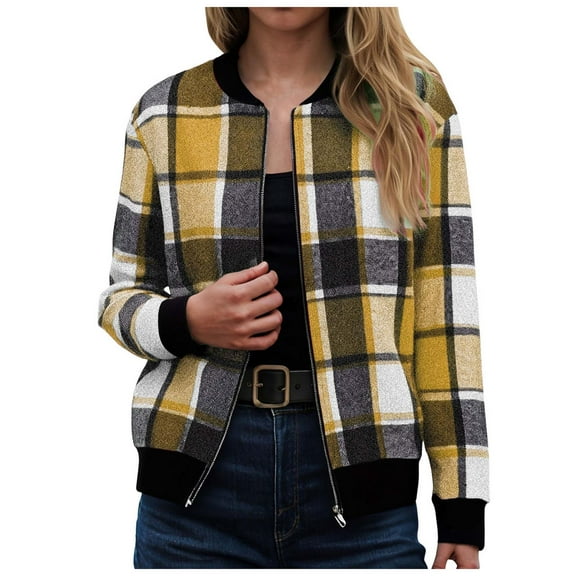 GEWSEY Flannel Jacket Women Stand Collar Long Sleeve Zip up Plaid Shackets Casual Warm Bomber Jackets Coats Fall Outfits (Yellow, XL)