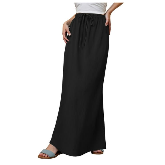 GEWSEY Flared Maxi Skirt with Back Slit - Elastic Waist Drawstring Long Flowy Ankle-Length Skirt (Black, S)