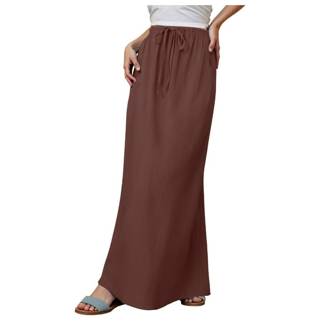 GEWSEY Flared Maxi Skirt with Back Slit - Elastic Waist Drawstring Long Flowy Ankle-Length Skirt (Brown, L)