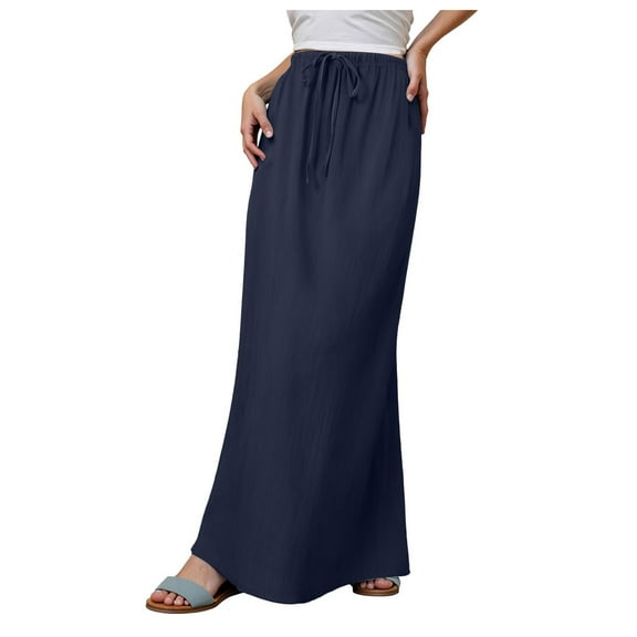 GEWSEY Flared Maxi Skirt with Back Slit - Elastic Waist Drawstring Long Flowy Ankle-Length Skirt (Navy, L)