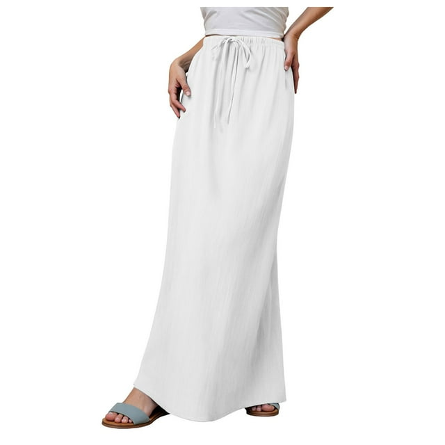 GEWSEY Flared Maxi Skirt with Back Slit - Elastic Waist Drawstring Long Flowy Ankle-Length Skirt (White, XXL)