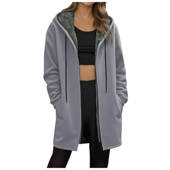 GEWSEY Fleece Long Zip up Hoodie Women Oversized Y2K Long Hoodies 2025 Fall Tunic Sweatshirt Jacket with Pockets Casual (Light Gray, M)