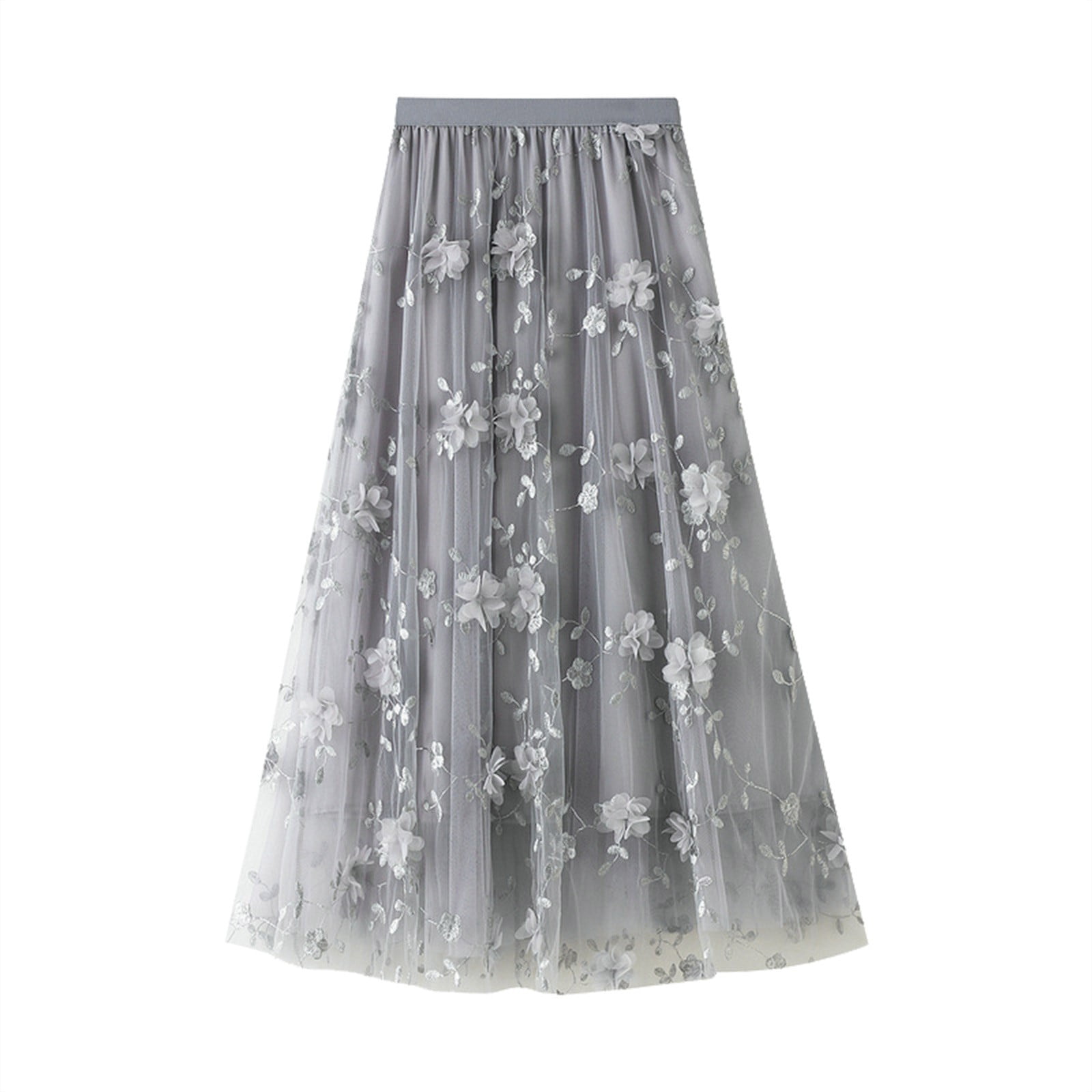 GEWSEY Floral Embroidered Tulle Skirt for Women High Waist
