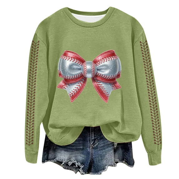 GEWSEY Game Day Sweatshirt Women Bow Graphic Crewneck Gameday Football Season Shirts Team Fan Long Sleeve Pullover Tops (Light Green, L)