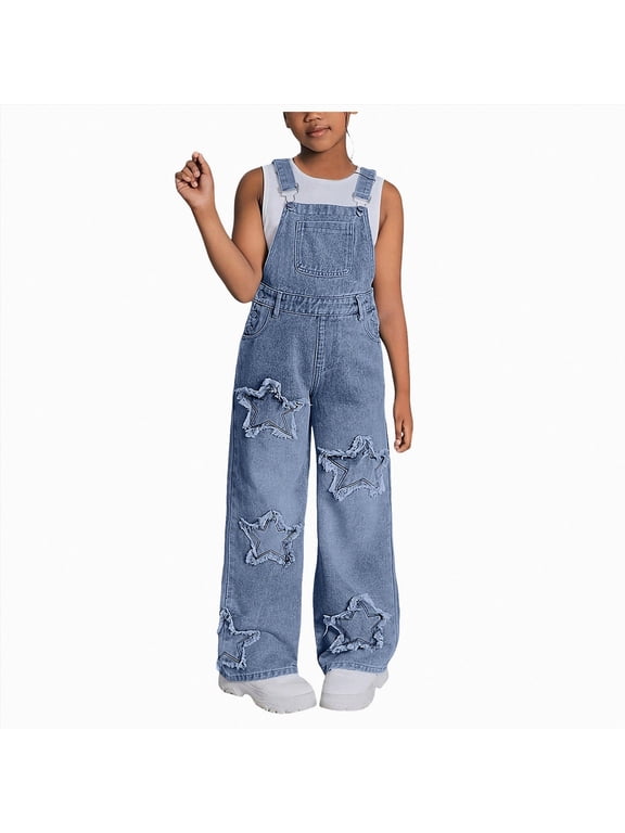 Girl's Wide Leg Denim Overalls Patchwork Straps Baggy Jean Jumpsuits 7-8 Years Blue