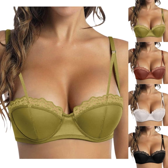 GEWSEY Half-Cup Lace Bra for Women Wireless Push Up Gathering Seamless Bras Spaghetti Strap Supportive Everyday Bralettes (Black, 30A-30B)