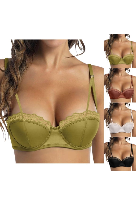 Half-Cup Lace Bra for Women Wireless Push Up Gathering Seamless Bras Spaghetti Strap Supportive Everyday Bralettes (Black, 30A-30B)