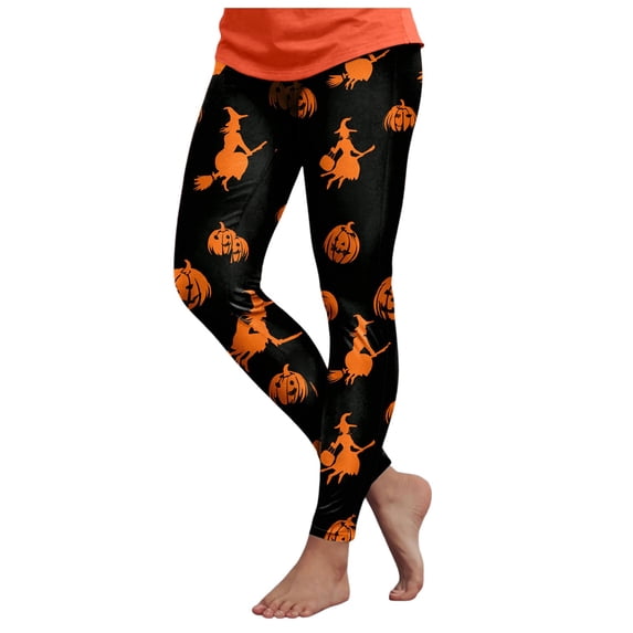 GEWSEY Halloween Leggings for Women Pumpkin Witch Ghost Horror Printed Tights Pants Halloween Outfit (Black, XXL)