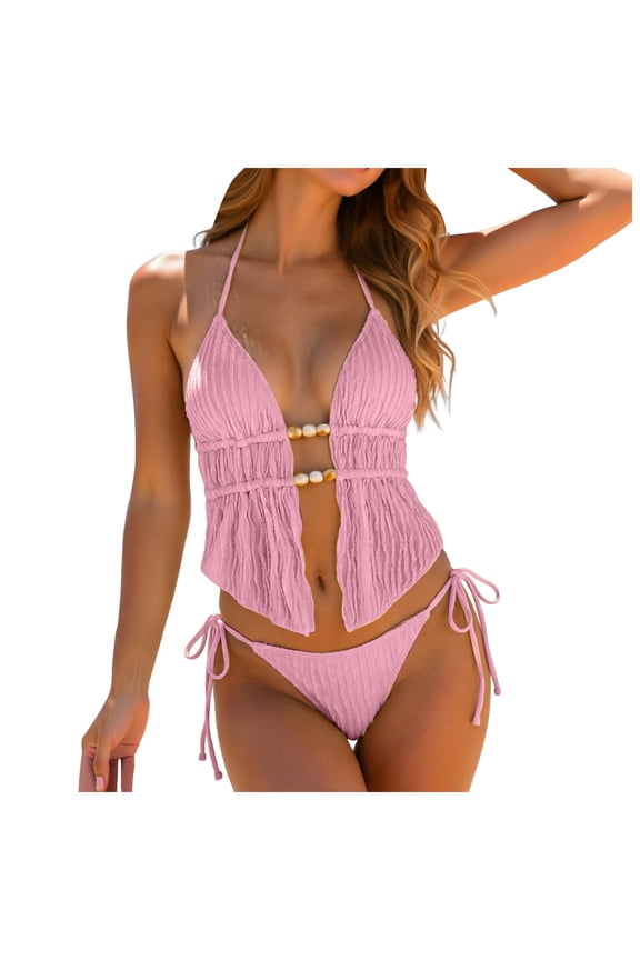 Halter Swimsuits for Women Textured Backless 2 Piece Bathing Suits Cheeky High Cut String Tie Side Bikini Sets Pink for Size S