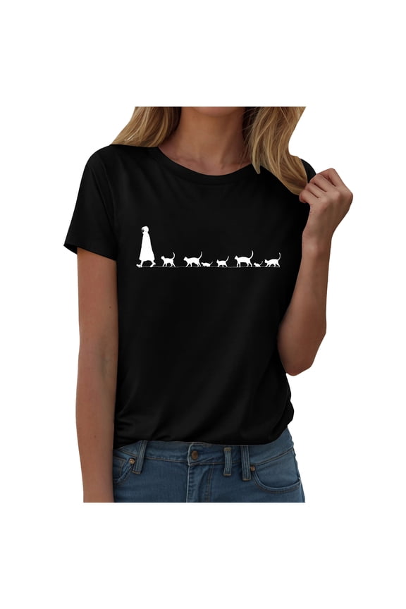 Heevina Short Sleeve Shirts for Women Cat Mom Cats Heart Crewneck Tshirts Casual Summer Fall Fashion Trendy Tops (Black, XXL)