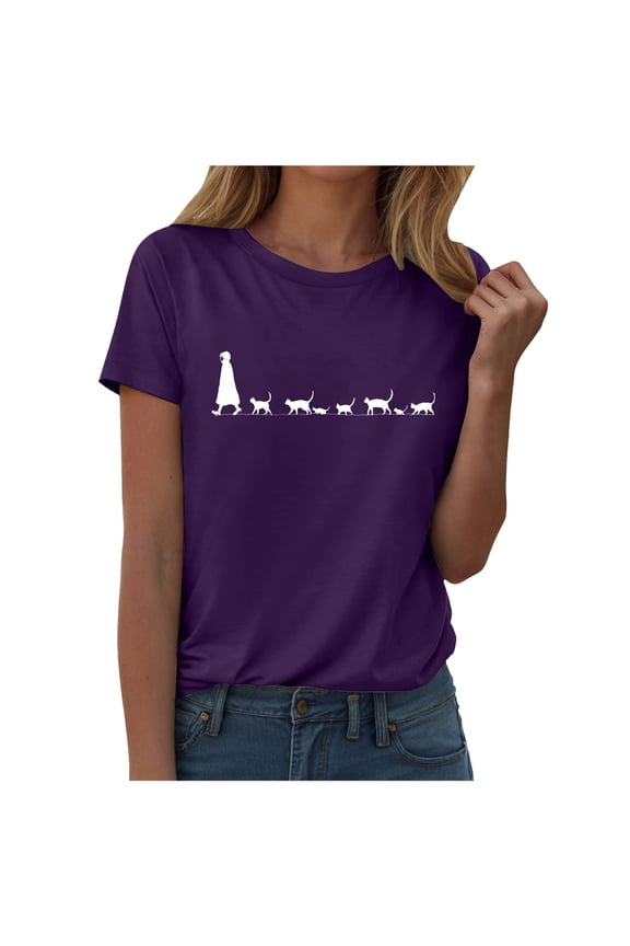 Heevina Short Sleeve Shirts for Women Cat Mom Cats Heart Crewneck Tshirts Casual Summer Fall Fashion Trendy Tops (Purple, M)