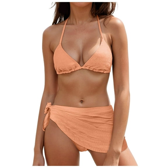 GEWSEY High Waisted Bikini Sets for Women Mesh Sarong Wraps Swim Skirt 3 Piece Swimsuits for Women Sexy Bathing Suit (Khaki, L)