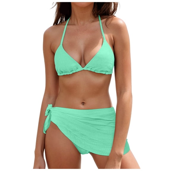 GEWSEY High Waisted Bikini Sets for Women Mesh Sarong Wraps Swim Skirt 3 Piece Swimsuits for Women Sexy Bathing Suit (Mint Green, S)