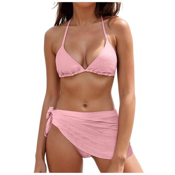 GEWSEY High Waisted Bikini Sets for Women Mesh Sarong Wraps Swim Skirt 3 Piece Swimsuits for Women Sexy Bathing Suit (Pink, S)