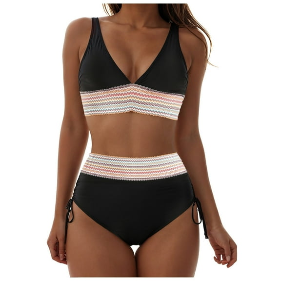 GEWSEY High Waisted Bikini Sets for Women Tummy Control Swimsuits Color Block Drawstring Womens Two Piece Bathing Suits 2025 (Black, XL)