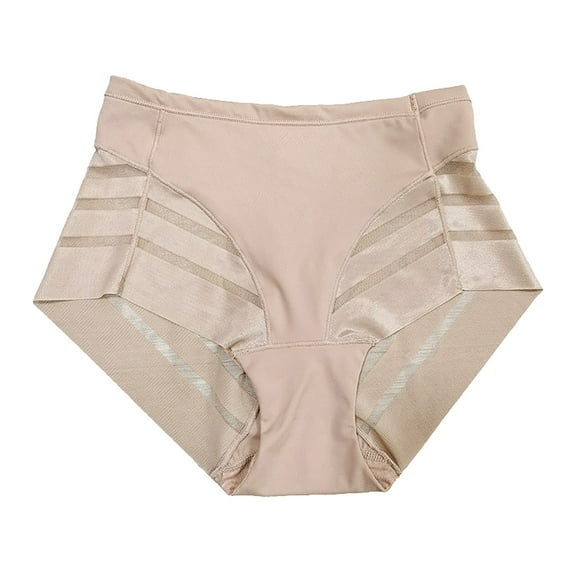 GEWSEY High Waisted Invisible Tummy Control Shapewear for Women - Stripe Lace Ladies Underwear Panties (Beige, L)