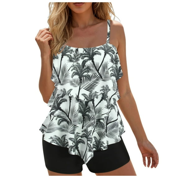 GEWSEY High Waisted Tankini Swimsuits for Women Ruffle Tops with Tummy Control Bottom Two Piece Bathing Suit (Black, XXL)