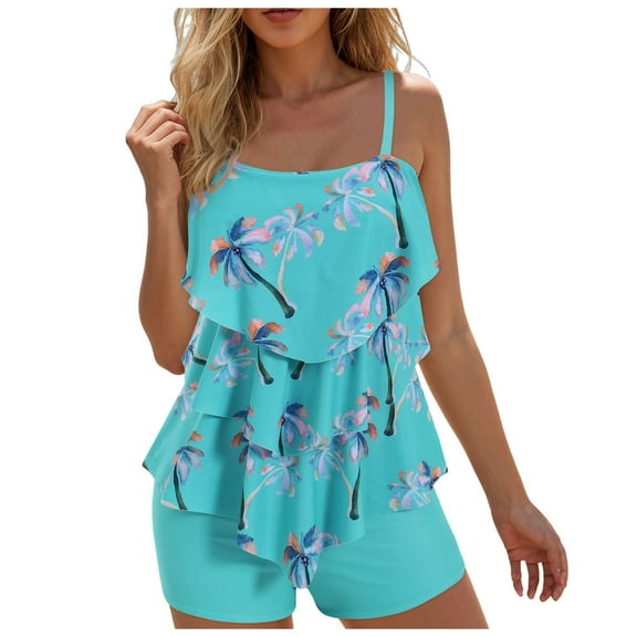 GEWSEY High Waisted Tankini Swimsuits for Women Ruffle Tops with Tummy Control Bottom Two Piece Bathing Suit (Light Blue, XXL)