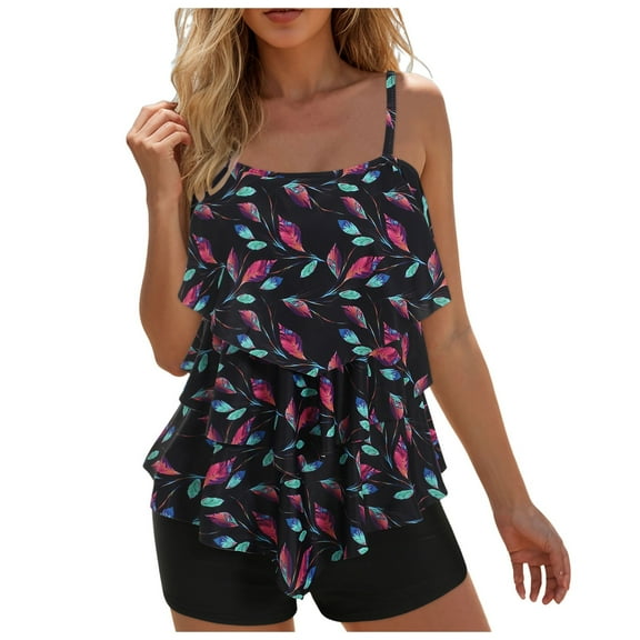 GEWSEY High Waisted Tankini Swimsuits for Women Ruffle Tops with Tummy Control Bottom Two Piece Bathing Suit (Multicolour, XXL)