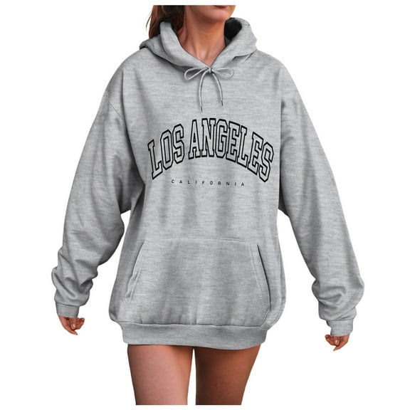 GEWSEY Hoodies For Women Trendy Long Sleeve Letter Print Hooded Sweatshirts Y2k Oversized Pullover Fall Outfits (Light Gray, L)